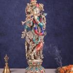 Handcrafted Brass Lord Krishna Statue with Stonework - 25" Height